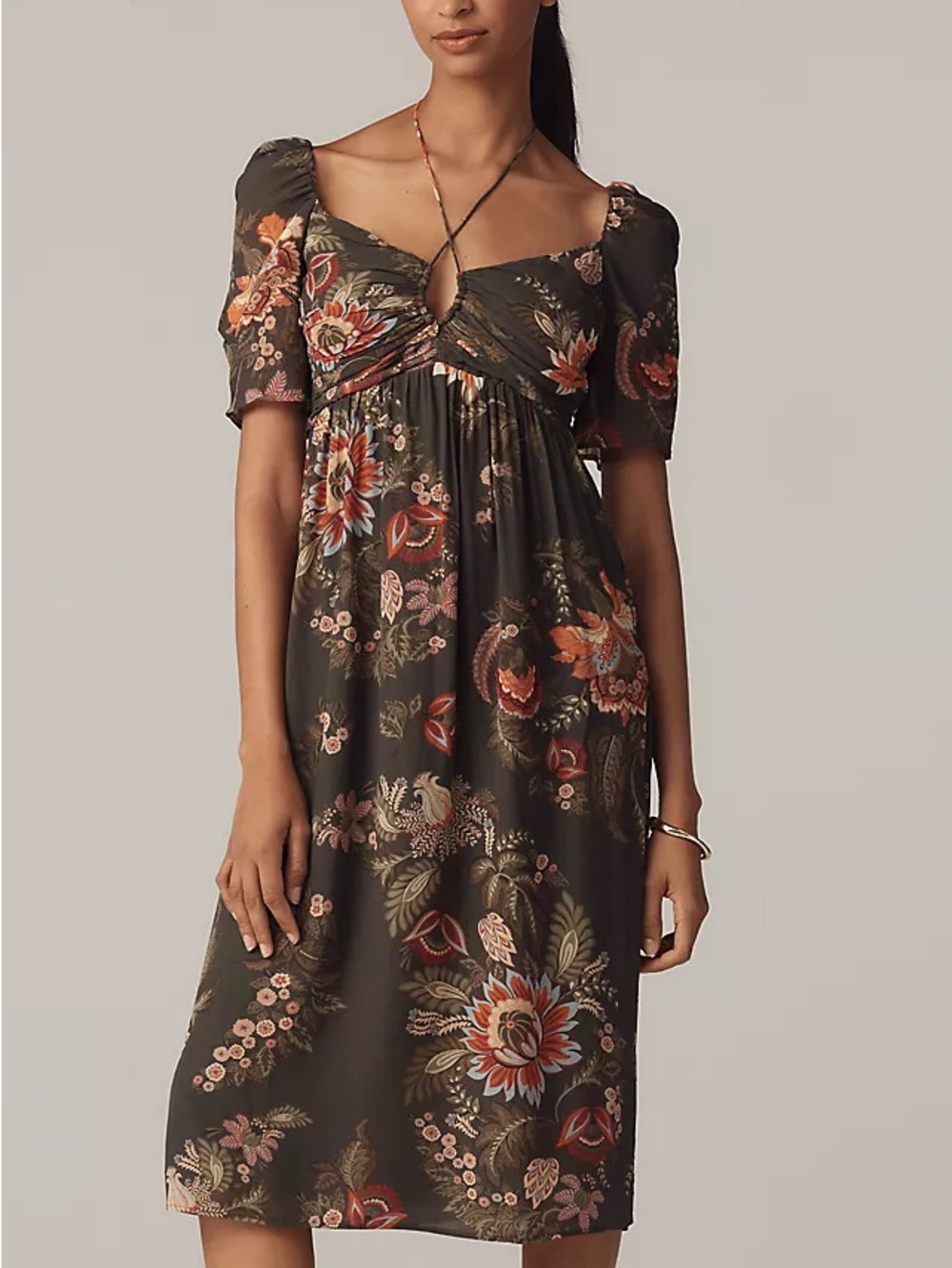 NWOT FARM Rio Long Sleeve Halter Floral Puff-Sleeve Midi Dress Olive Green Small
